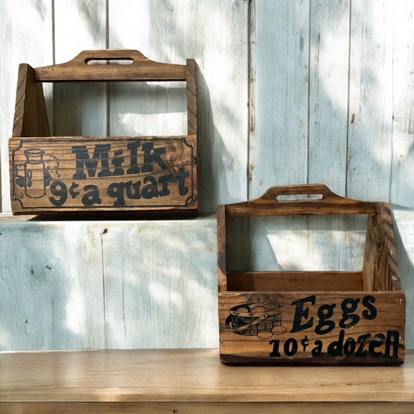 Vintage Rustic Small Wooden Crates With Handles Farmhouse Cottagecore Milk Eggs - Picture 2 of 9